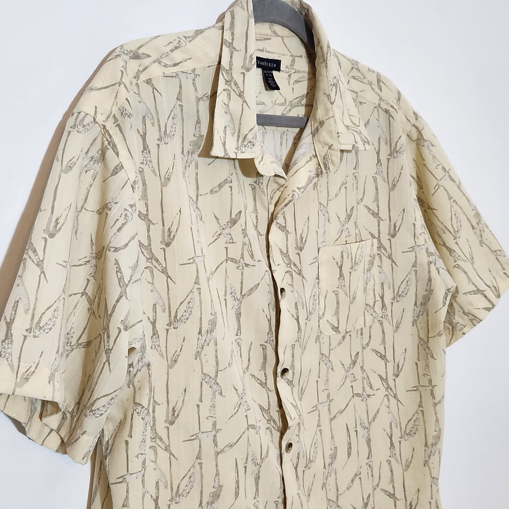 Van Heusen Pale Yellow Bamboo Print Short Sleeve Button Down Shirt Size XL - Picture 2 of 7